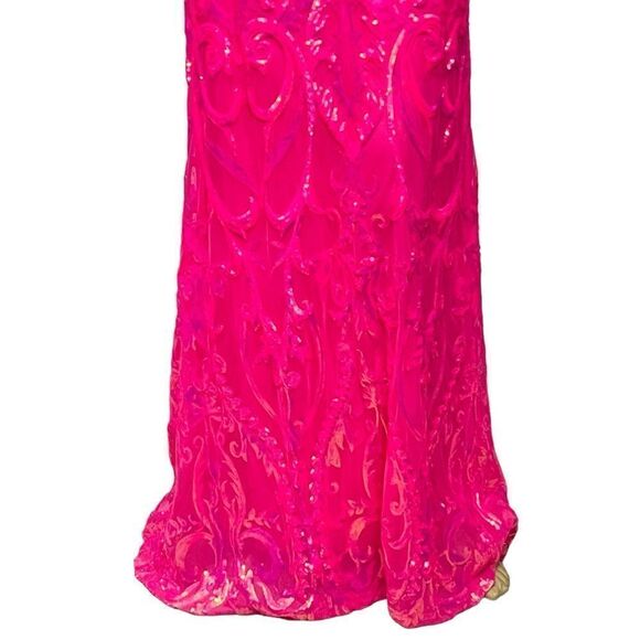 B. Darlin Pink Dress Pattern Sequin V-Neck Spaghetti Straps Maxi Gown 3-4 - Picture 6 of 16